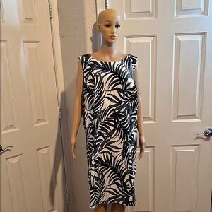 Dressbarn Monochrome Leaf Pattern Dress Sz 20W Boat Neck Sleeveless Taupe Black